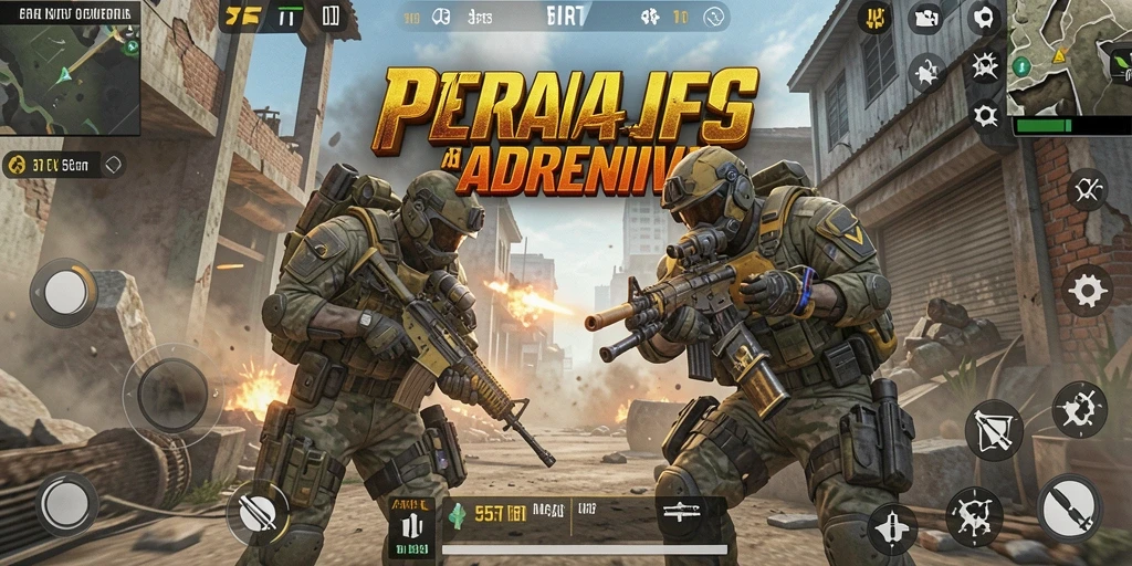 Screenshot gameplay 55RT menampilkan aksi tembak-menembak yang intens dalam suasana pertempuran.