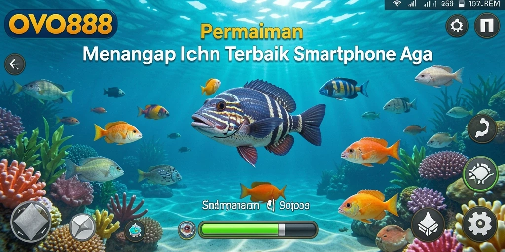 Gameplay OVO88 menunjukkan keseruan memancing ikan di laut yang cerah.