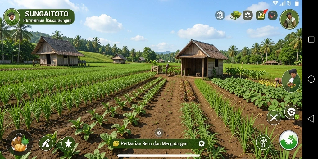 Tangkapan layar gameplay SUNGAITOTO yang menampilkan pertanian yang kaya warna.